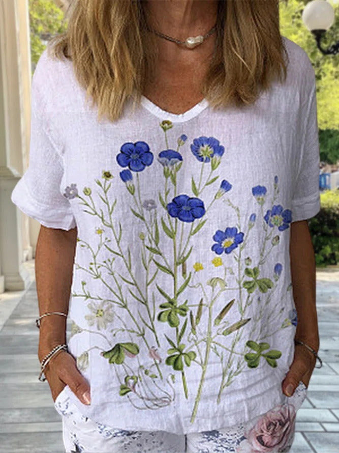 ššćS-5XLć2025 šT-shirt z krótkim rÄkawem i baweÅnianÄ
lnianÄ
nadrukiem w kwiaty