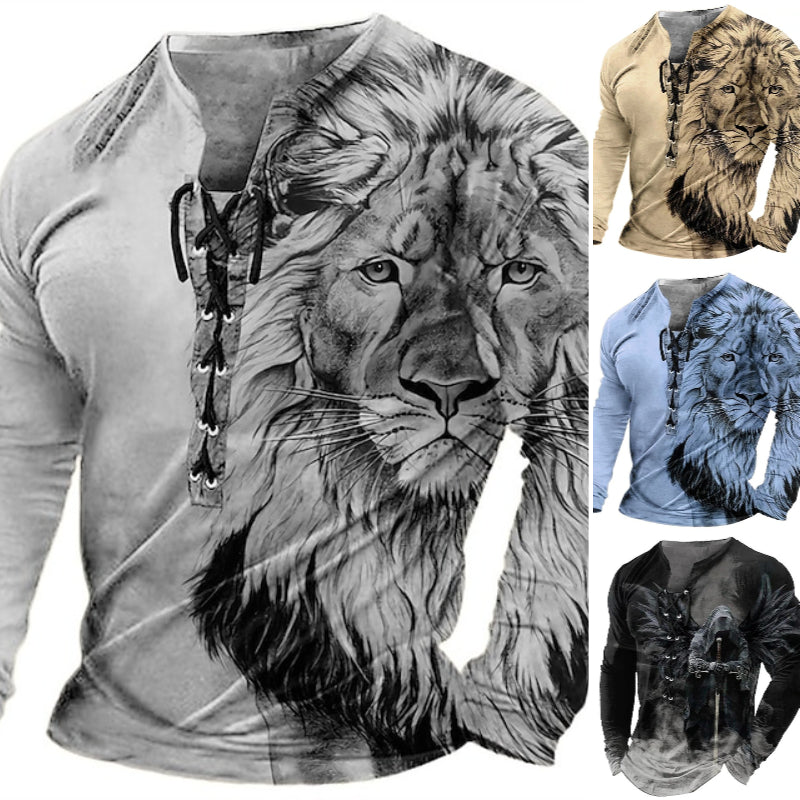 🦁🦁Męski, swobodny T-shirt z długim rękawem i nadrukiem 3D