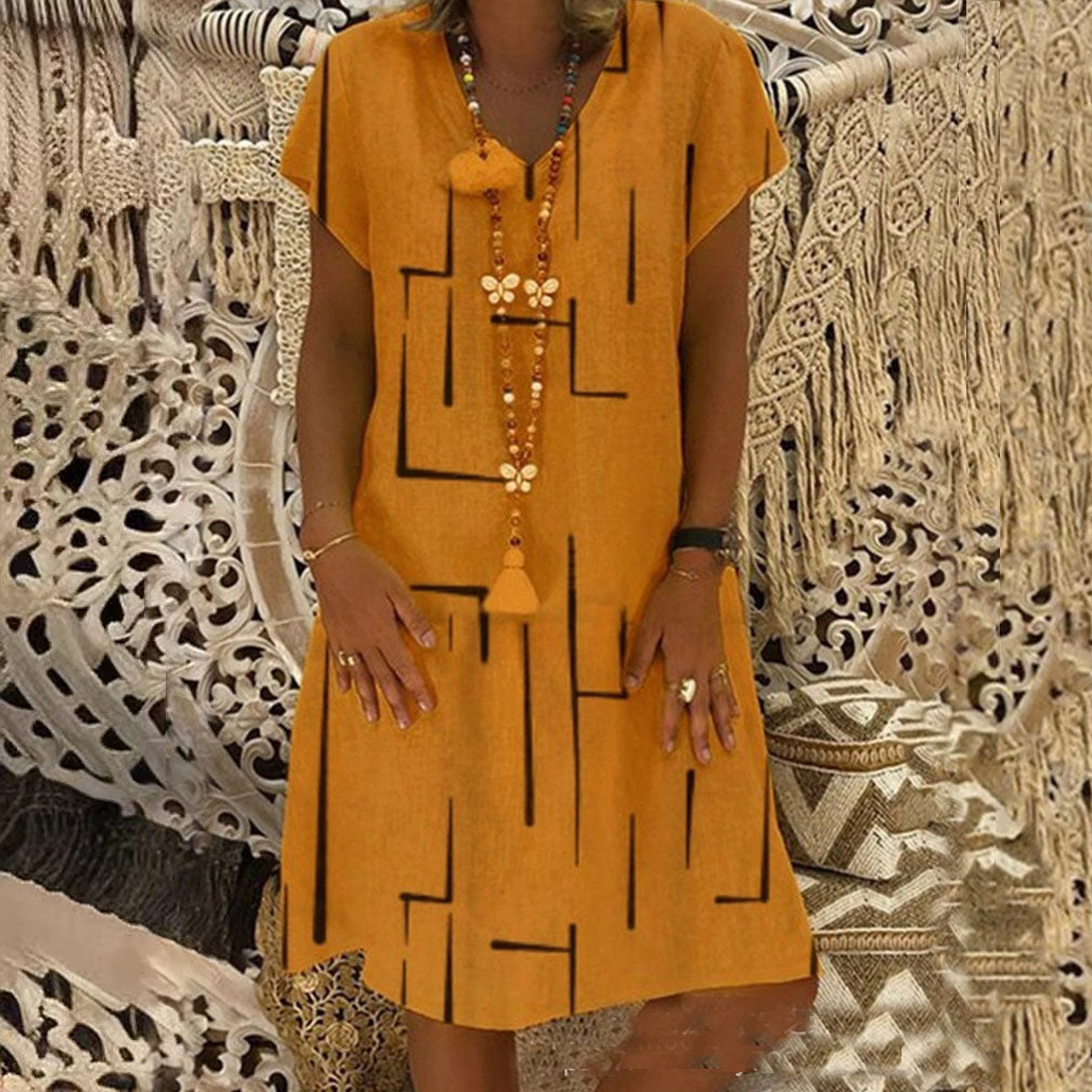 【45% OFF】👗【S-5XL】Potištěné bavlněné šaty s výstřihem do V