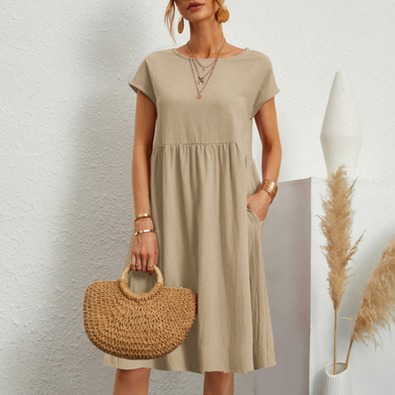 😍【Wyprzedaż sezonowa】👗【S–5XL】2025 Damska sukienka bawełniano-lniana z okrągłym dekoltem i luźnym krojem – Obniżona cena
