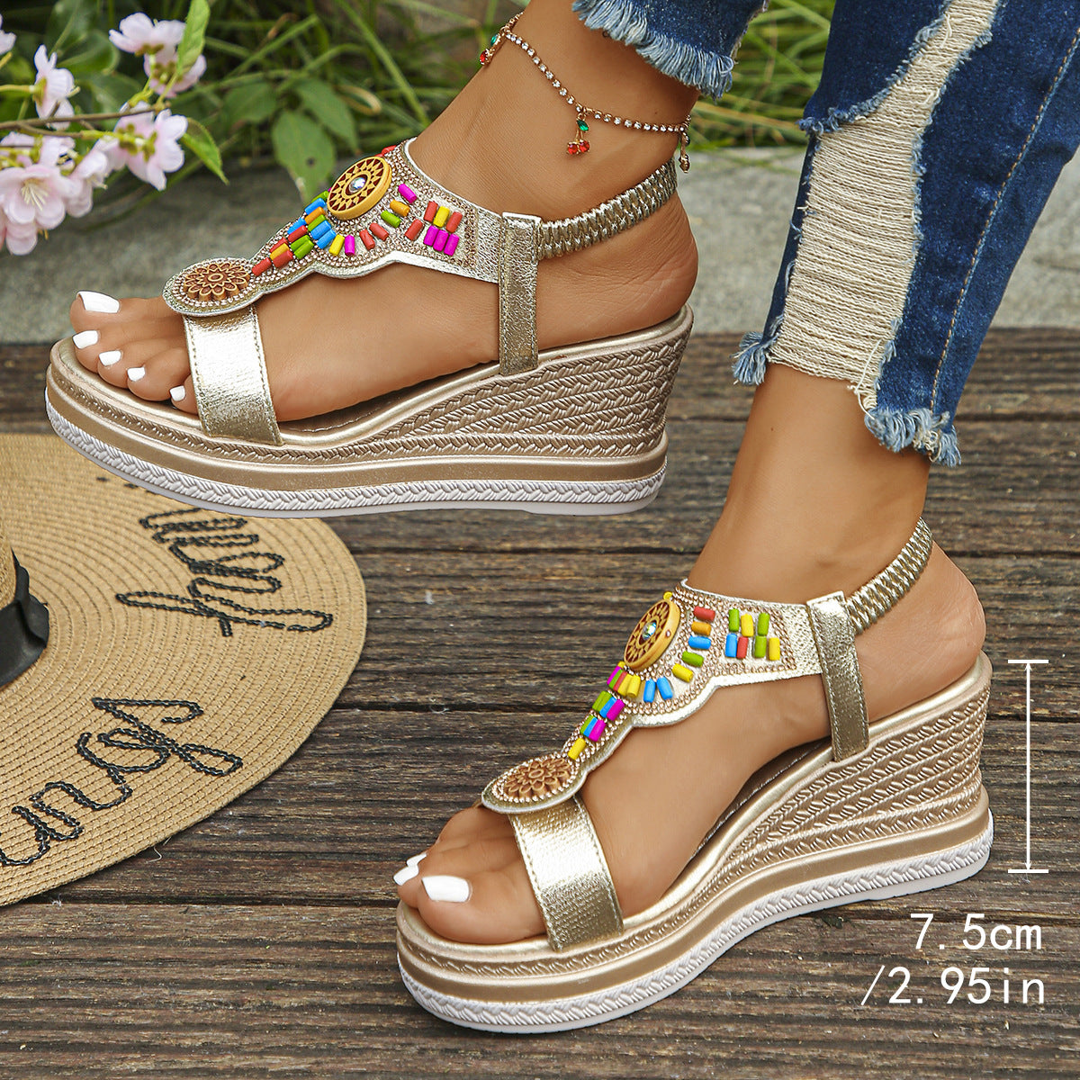 💖【35-43】✨2025 Nyári Női Platform Gyöngyös Elasztikus Bőr Szandál