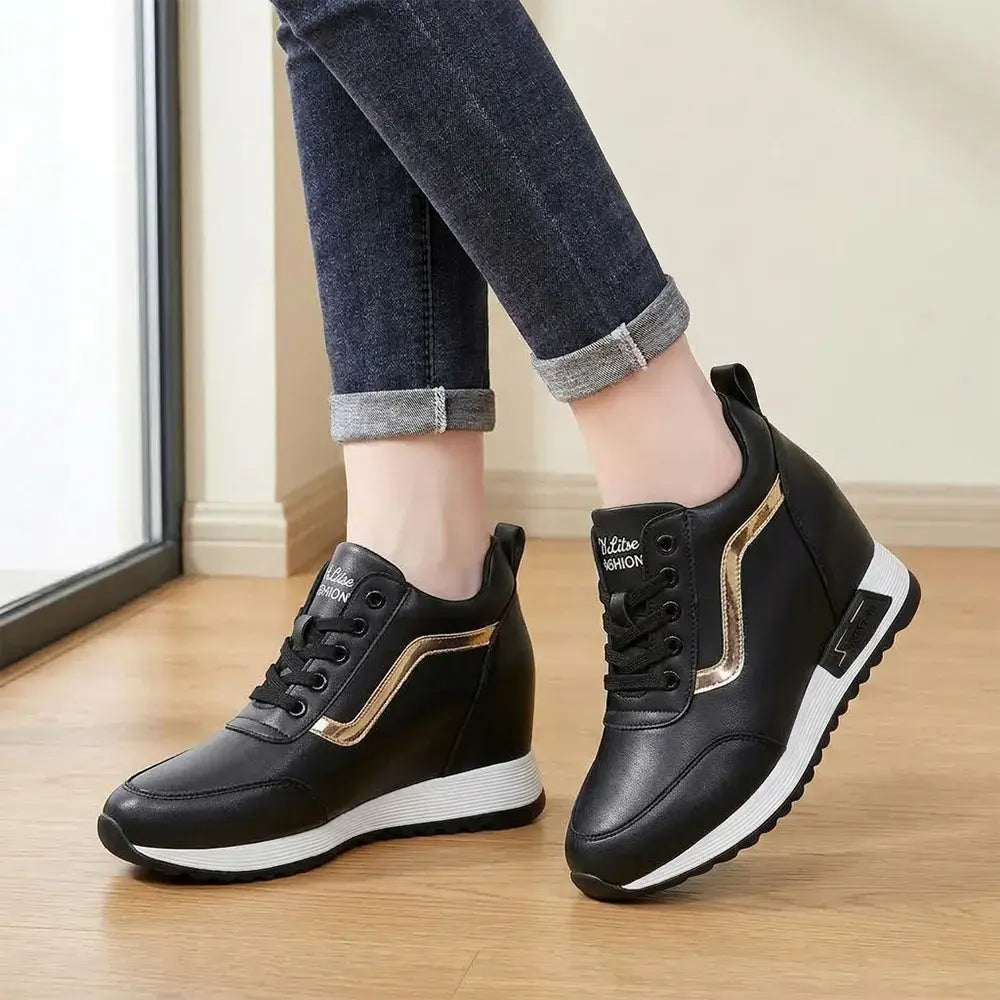 👠Damskie trampki na platformie z ukrytym klinem – skórzane buty codzienne w stylu koreańskim – gruba podeszwa, wygodne buty sportowe