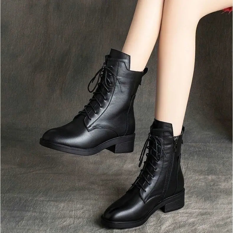 Stylowe i eleganckie damskie buty Martin z noskiem w szpic, skóra naturalna, zapinane na zamek【35-41】