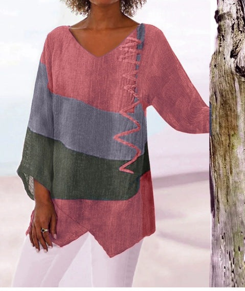 ⏳ Poslední den – sleva 50 % 😍【S~5XL】Dámský elegantní ležérní top s výstřihem do V a dlouhými rukávy, s uměleckým vzorem a potiskem