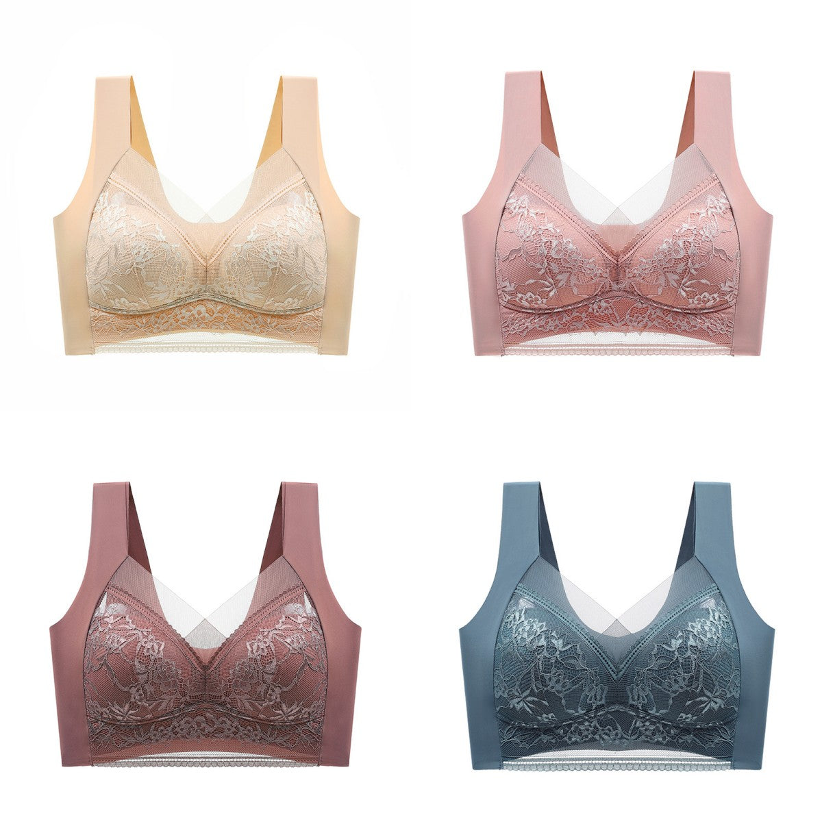 🥰【1 komplet 4 sztuki】👙【40-110 KG】Damski wygodny, bezszwowy koronkowy biustonosz