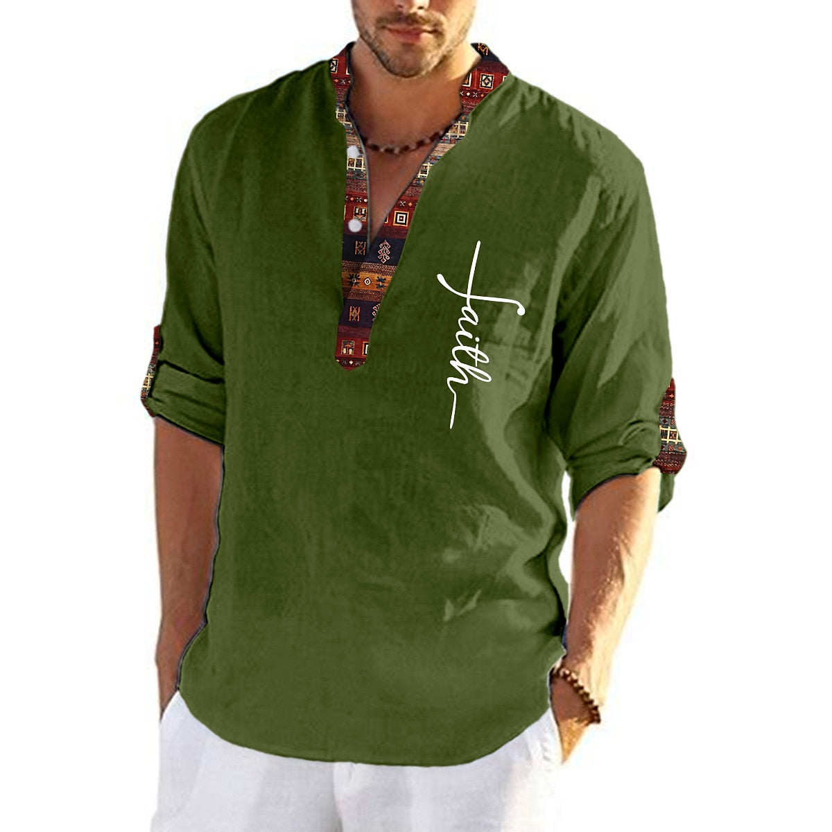 🔥Promocja ograniczona czasowo🔥2025 Męska lniana, bawełniana koszula z nadrukiem i dekoltem w kształcie litery V