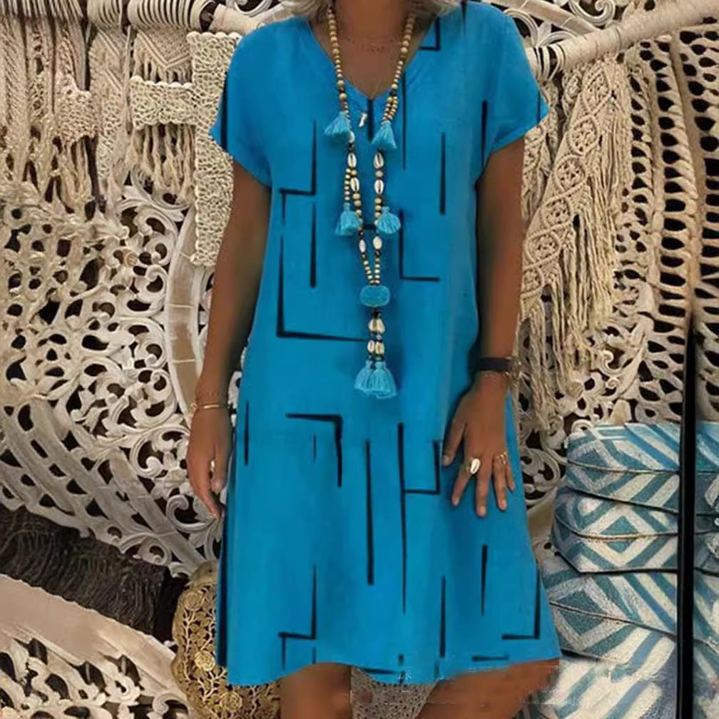 【45% OFF】👗【S-5XL】Potištěné bavlněné šaty s výstřihem do V