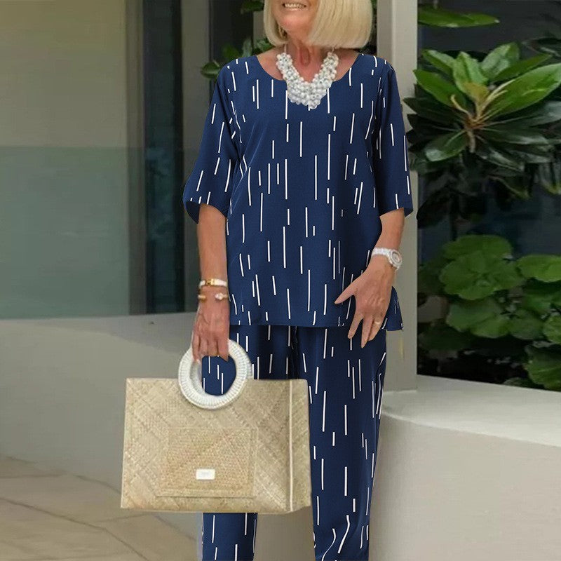 💥🔥【Topy + Spodnie】👚👖【S-5XL】2025 Wiosna i Lato Nowy Moda Okrągły Dekolt Pięciopunktowy Rękaw Luźny Dwuczęściowy Garnitur