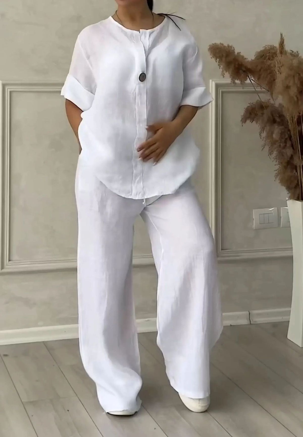 🔥【S-5XL】【Wyprzedaż 50%】🔥Swobodny i szykowny letni zestaw: naturalny materiał i nowoczesny dekolt w serek