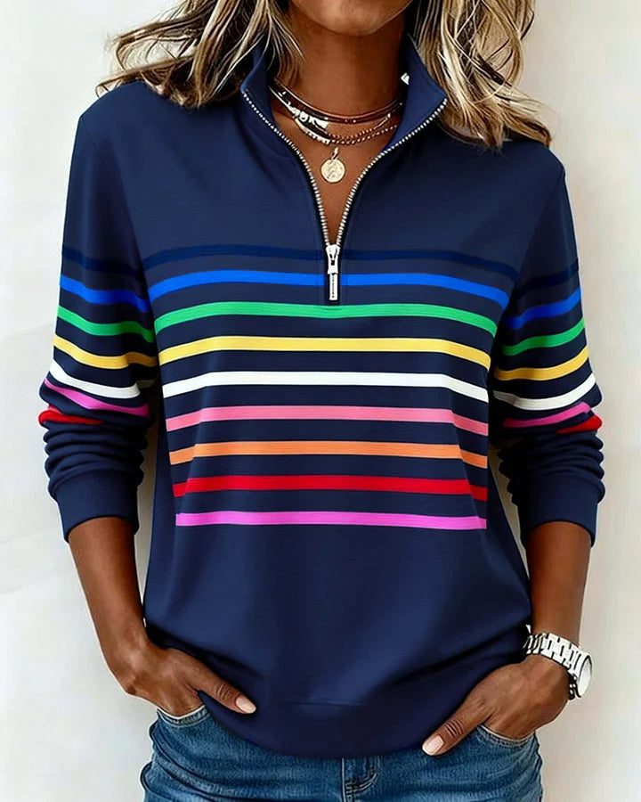 🔥✨【S-5XL】😀👉Stylowa bluza z kołnierzykiem w paski tęczowe i zamkiem błyskawicznym