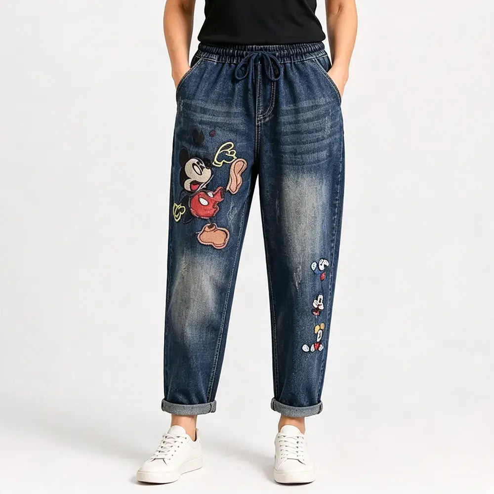 Damskie jeansy retro o luźnym kroju z aplikacją i elastycznym pasem – jeansy haremowe w niepowtarzalnym stylu (rozmiary S-5XL, 2 kolory) 👖✨🍂