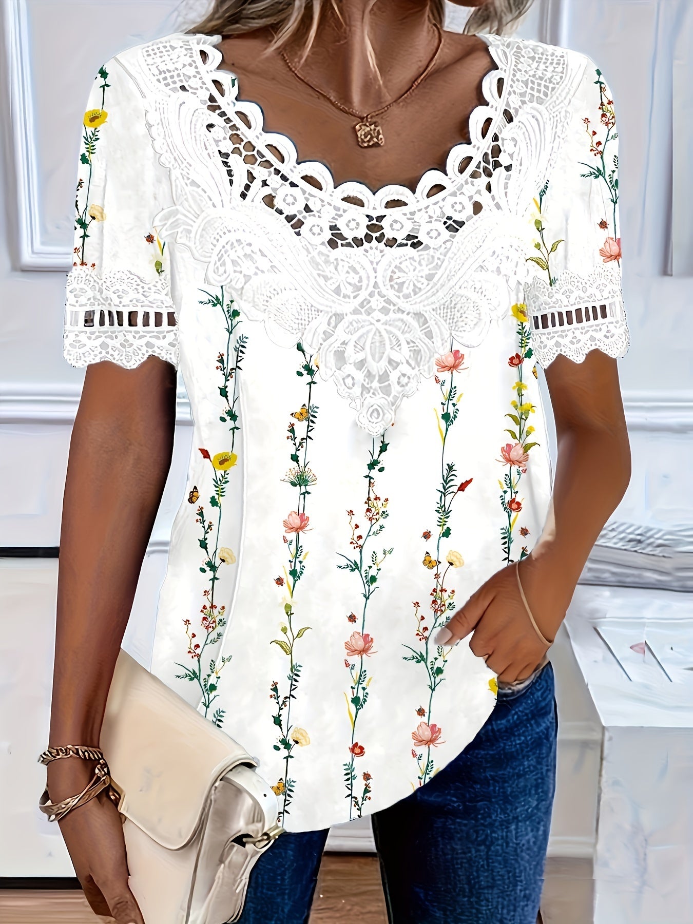 ššŗćS-6XLć2025 nowa modna wygodna oddychajÄ
ca damska elegancka koronkowa casualowa koszulka