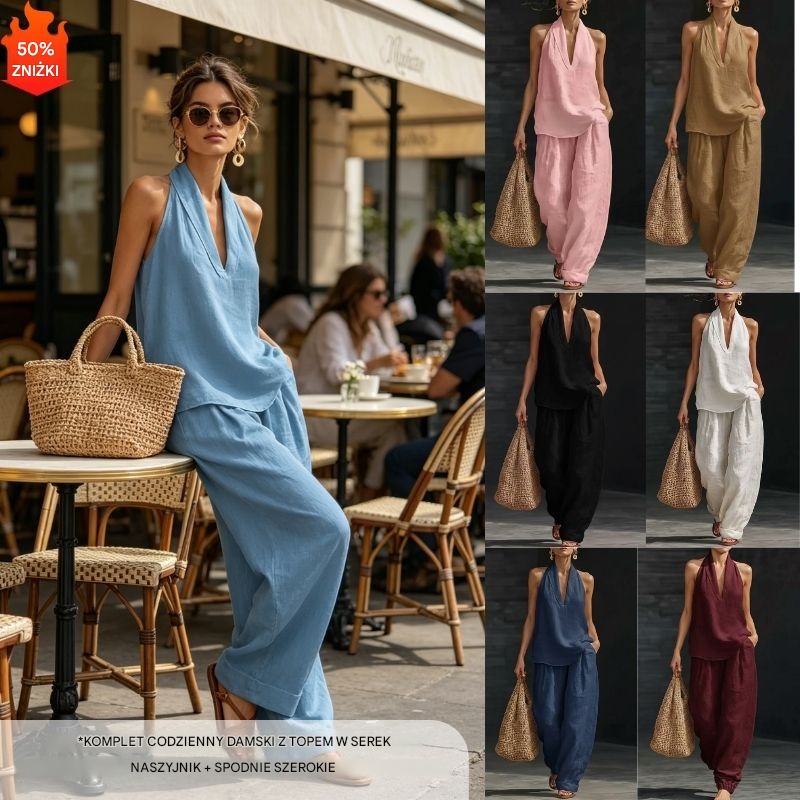 【S-5XL】💥 Damski zestaw casualowy: Top z dekoltem w serek + Spodnie z szerokimi nogawkami