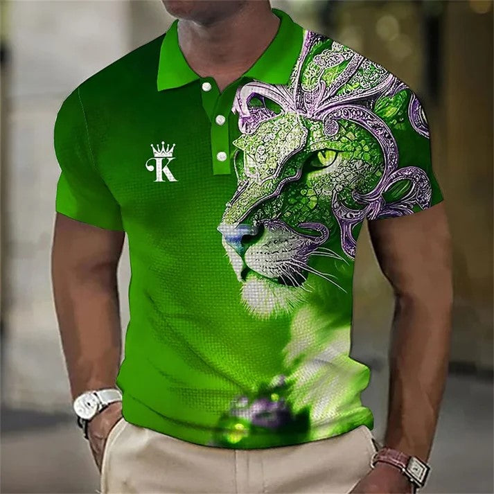 【S-6XL】Męska koszulka polo z nadrukiem 3D z lwem