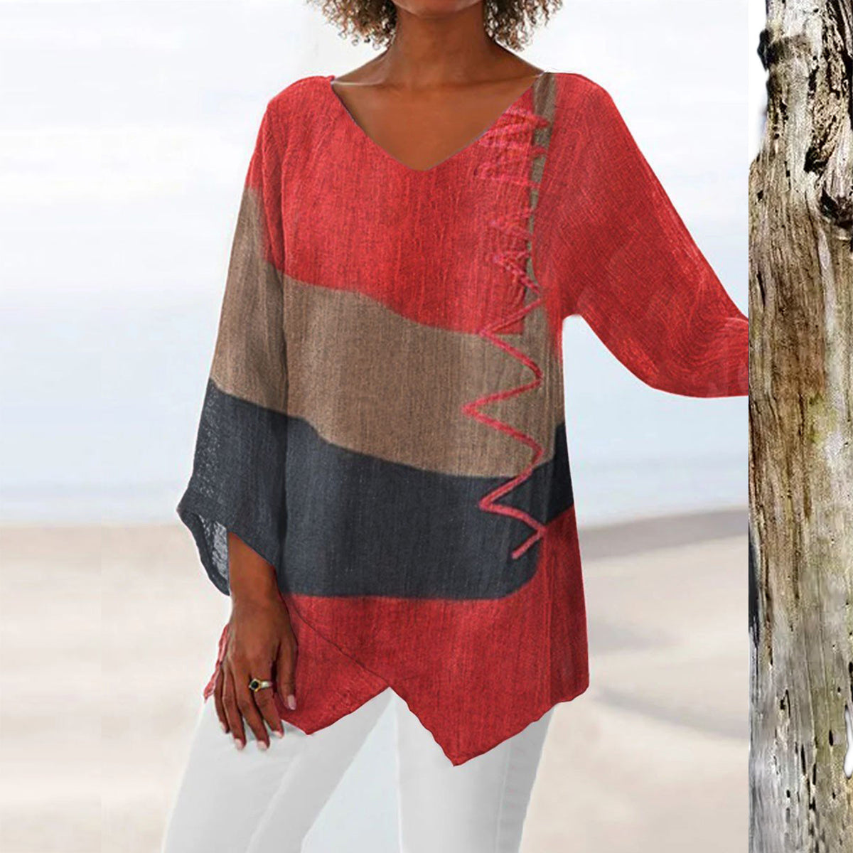 ⏳ Poslední den – sleva 50 % 😍【S~5XL】Dámský elegantní ležérní top s výstřihem do V a dlouhými rukávy, s uměleckým vzorem a potiskem