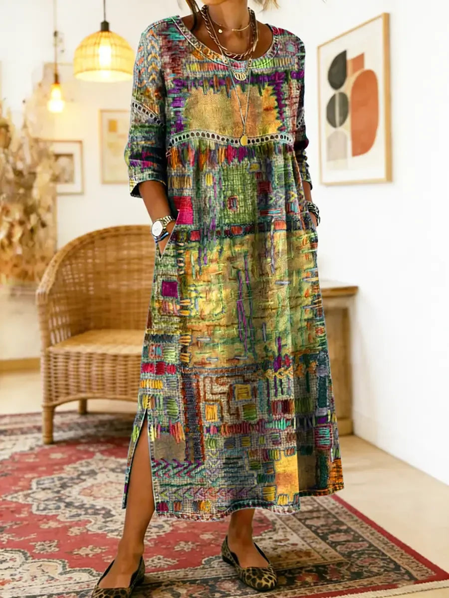 ✨ Poslední den slevy 50 %!【S-5XL】Letní retro šaty s kulatým výstřihem a potiskem, lehké a prodyšné, zeštíhlující a snadno kombinovatelné.