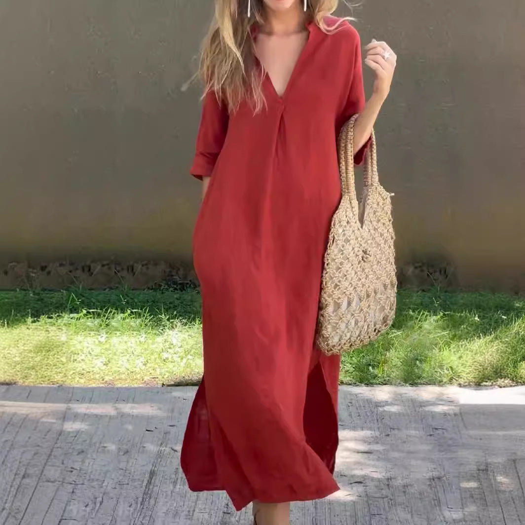 🌿💃【Sleva 50 % 🔥】【S–3XL】Letní lněné maxi šaty s výstřihem do V a rozparky – pohodlné a lehké na léto