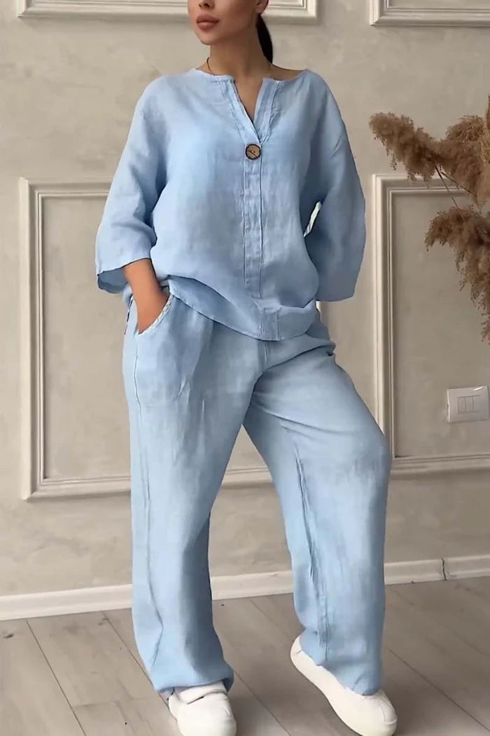 🔥【S-5XL】【Wyprzedaż 50%】🔥Swobodny i szykowny letni zestaw: naturalny materiał i nowoczesny dekolt w serek