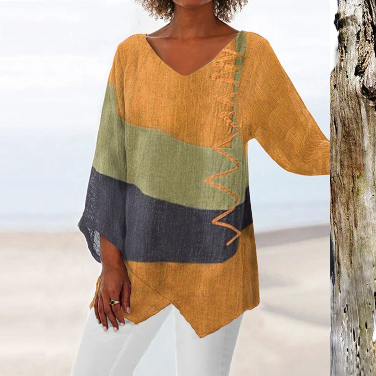 ⏳ Poslední den – sleva 50 % 😍【S~5XL】Dámský elegantní ležérní top s výstřihem do V a dlouhými rukávy, s uměleckým vzorem a potiskem