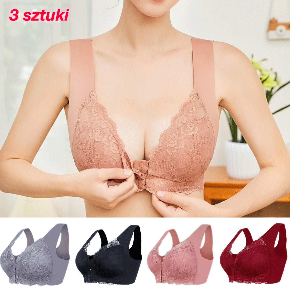 ✨【Promocja】【Zestaw trzyczęściowy】Seksowny biustonosz damski w dużym rozmiarze, bez fiszbin, zapięcie z przodu, piękny wzór na plecach