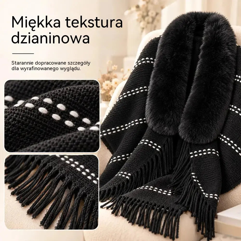 Dzianinowe ponczo z futrzanym kołnierzem i frędzlami 🧣 Elegancki, ciepły szal damski (jesień/zima) ❄️ Uniwersalny sweter o luźnym kroju, który korzystnie podkreśla sylwetkę ✨