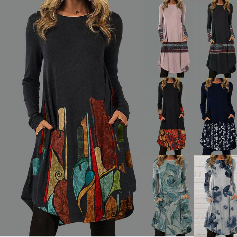 🔥🍁【S-5XL】2025 Nowa jesienna sukienka w stylu retro z nadrukiem w stylu etnicznym