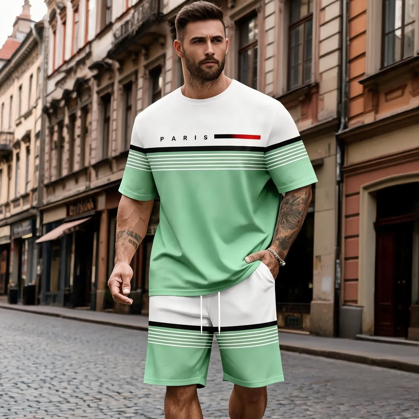 【S-5XL】Conjunto informal y cómodo de camisa de manga corta y pantalón corto con estampado de letras para hombre.