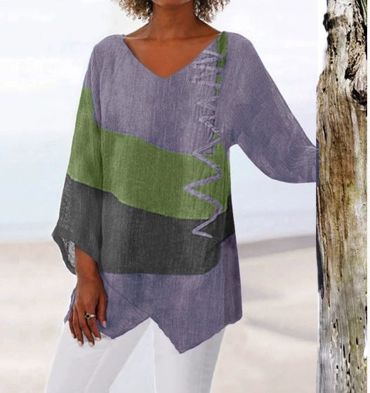 ⏳ Poslední den – sleva 50 % 😍【S~5XL】Dámský elegantní ležérní top s výstřihem do V a dlouhými rukávy, s uměleckým vzorem a potiskem