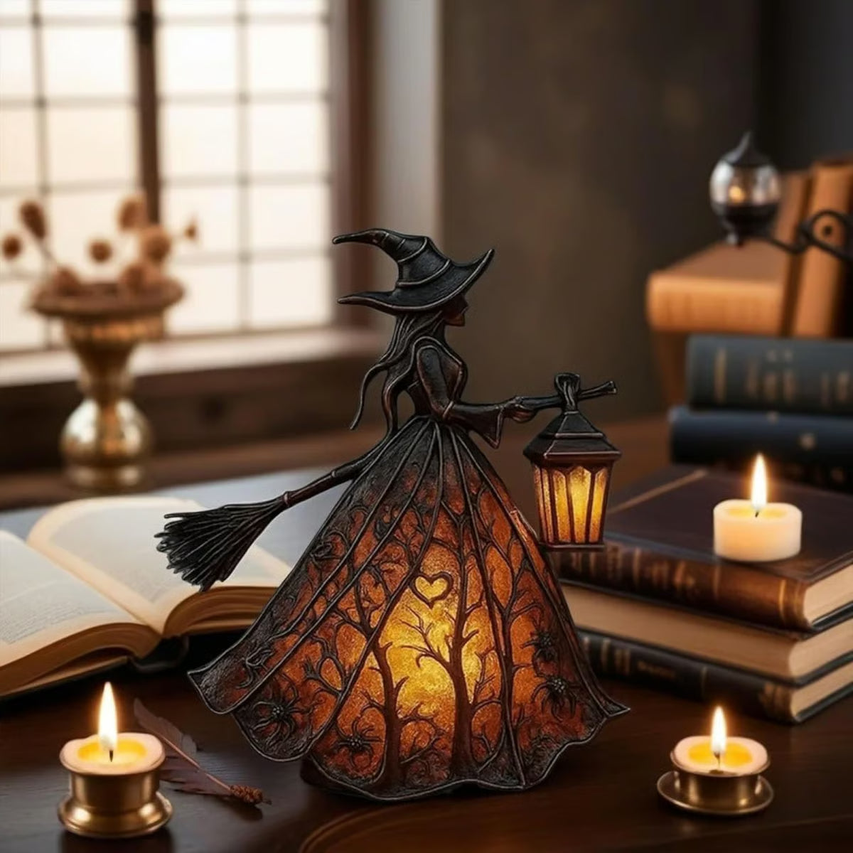 🧙‍Halloweenská lampa s čarodějnicí, strašidelná gotická lucerna, unikátní dekorativní figurka pro stolní lampu, noční světlo s nohama, vhodné do domácnosti, na verandu, do kanceláře, na párty, lze použít jako halloweenskou i dárkovou dekoraci