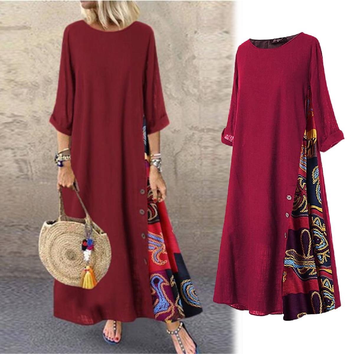 🌾💕[M-5XL] Nowa lniana sukienka w stylu retro z rękawami o średniej długości – miękka i przyjemna w dotyku