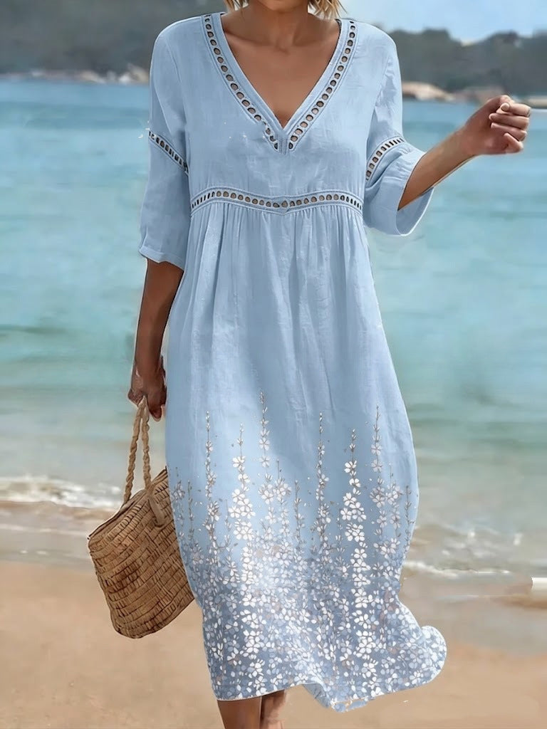 👗【S-3XL】Długa sukienka damska z bawełny i lnu z nadrukiem – letni styl, dekolt w serek