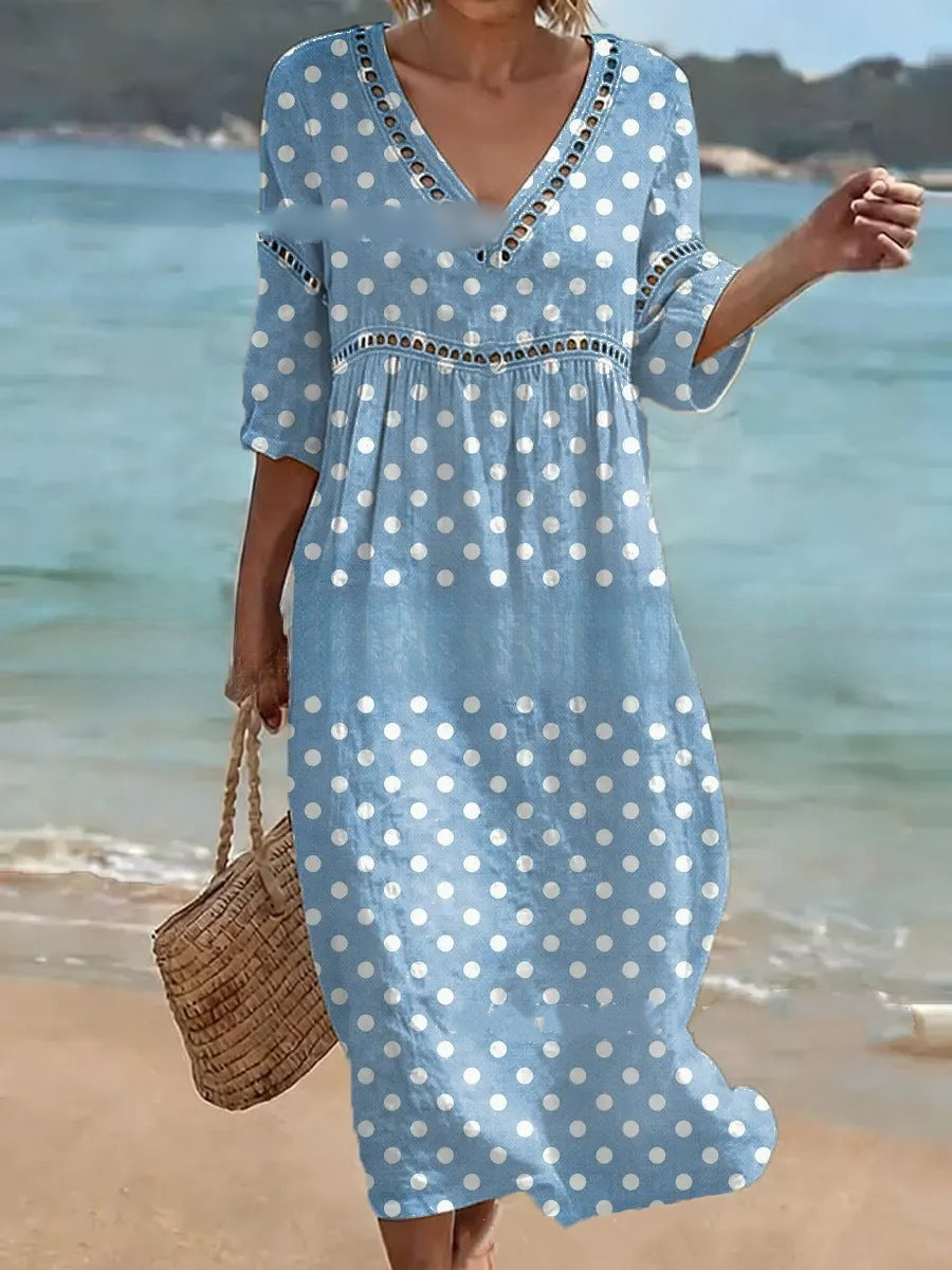 👗【S-3XL】Długa sukienka damska z bawełny i lnu z nadrukiem – letni styl, dekolt w serek