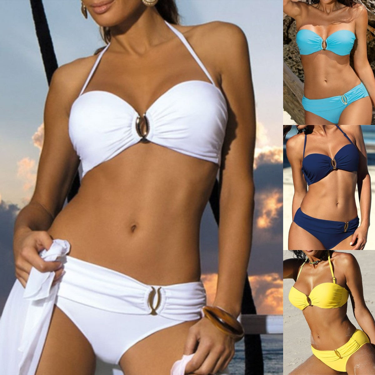 🌙👙【50% zniżki✨】【S-2XL】Jednokolorowy dwuczęściowy strój kąpielowy, seksowny dekolt typu halter