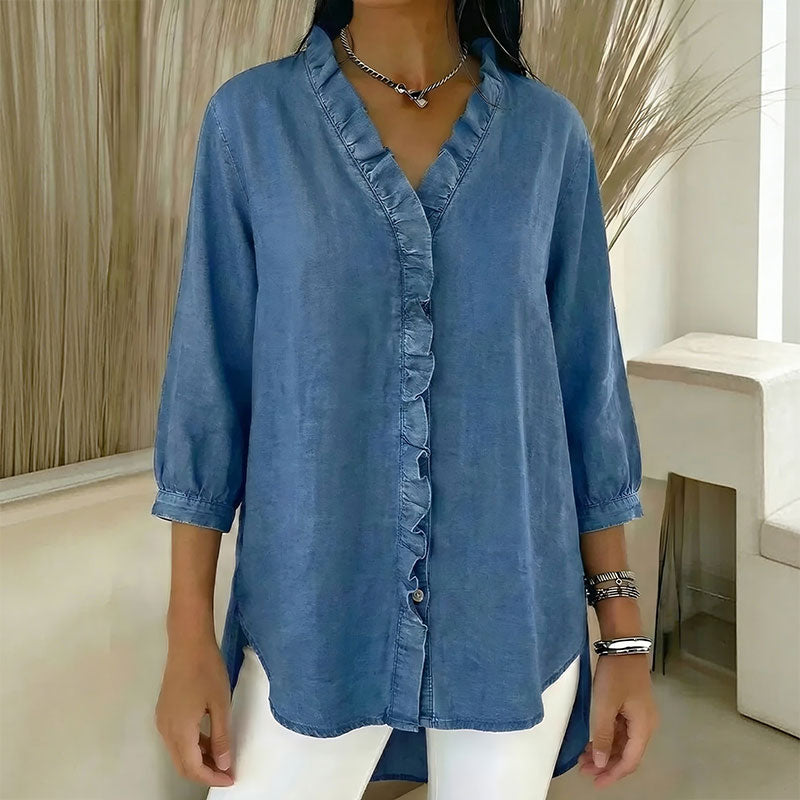 🔥 Pago contra reembolso ✅️【40-100kg】Camisa vaquera informal para mujer con cuello en V y volantes