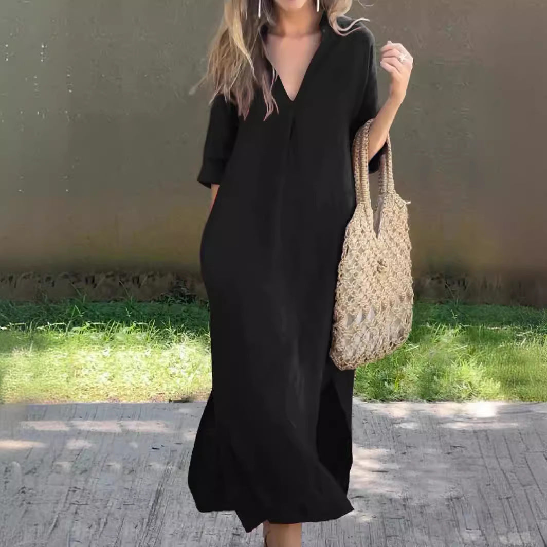 🌿💃【Sleva 50 % 🔥】【S–3XL】Letní lněné maxi šaty s výstřihem do V a rozparky – pohodlné a lehké na léto