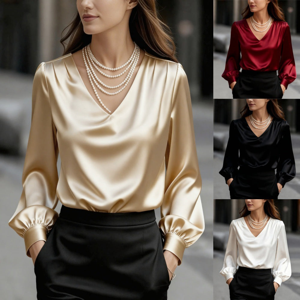 ✨【S-2XL】Elegancka satynowa koszula z długim rękawem i dekoltem w serek w stylu francuskim