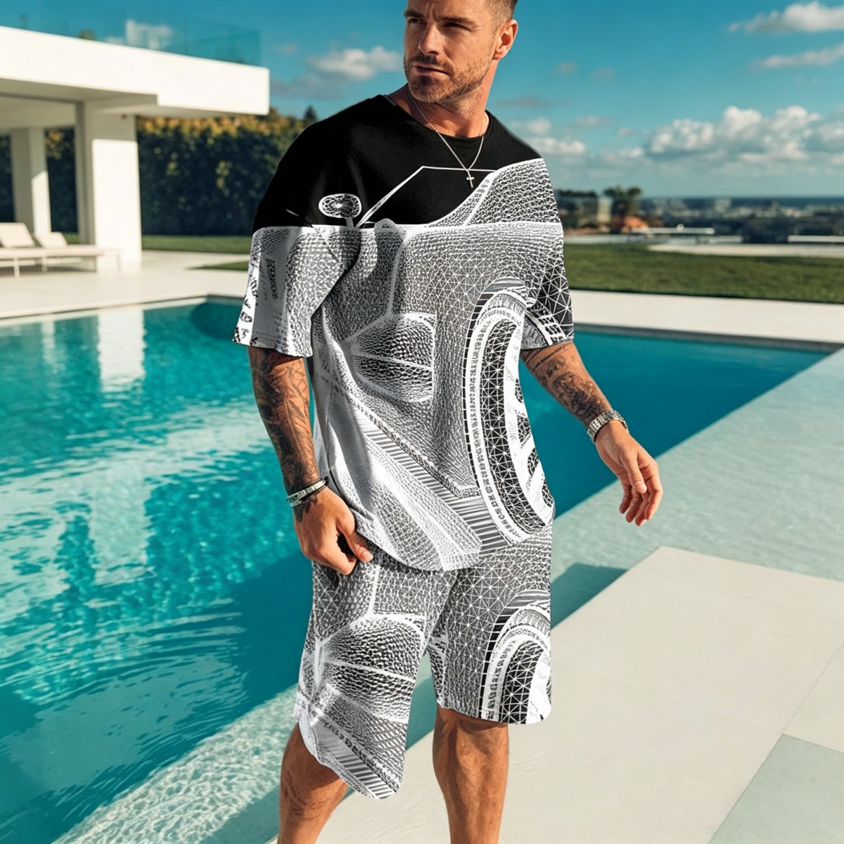 [S-6XL] Stylowy dwuczęściowy komplet dresowy męski, nadruk 3D lwa, koszulka + spodenki