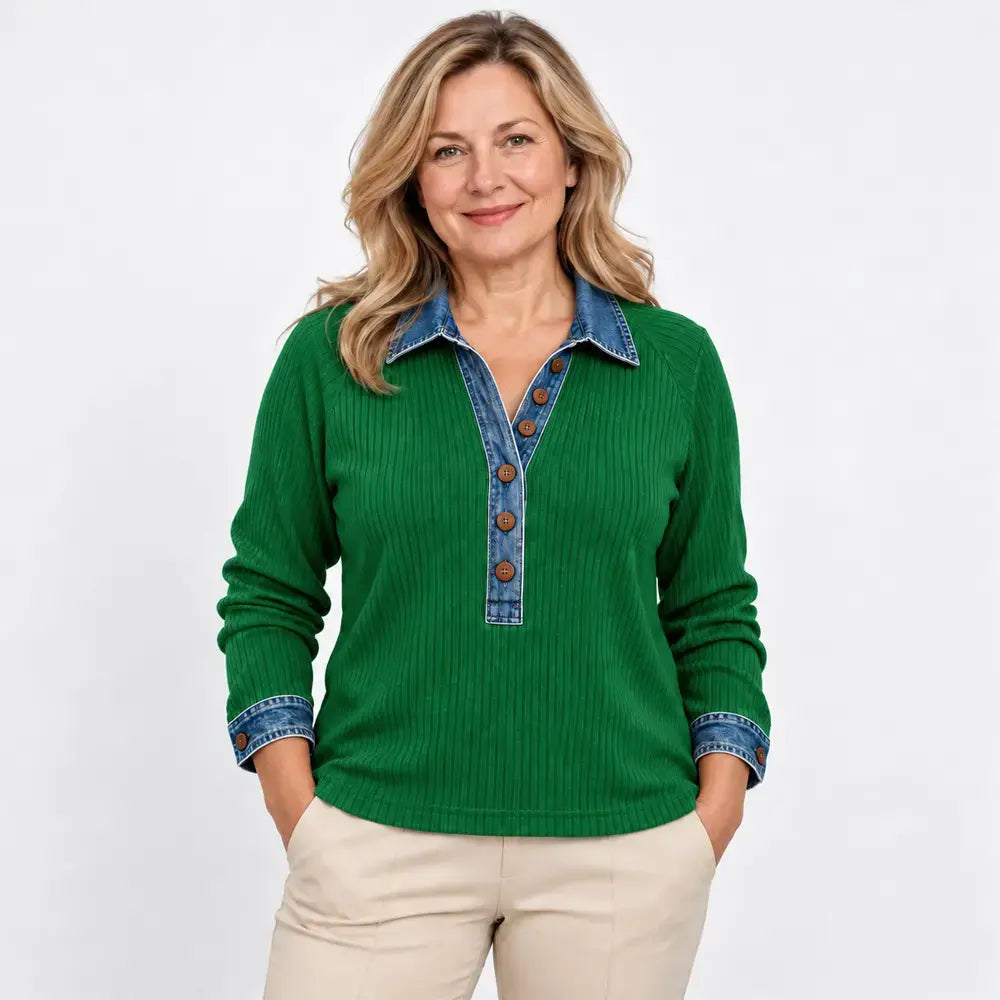 【S-3XL】Damowy sweter z długim rękawem – z kołnierzem jeansowym, łączony, dzianinowy