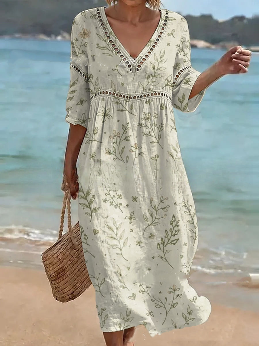 👗【S-3XL】Długa sukienka damska z bawełny i lnu z nadrukiem – letni styl, dekolt w serek