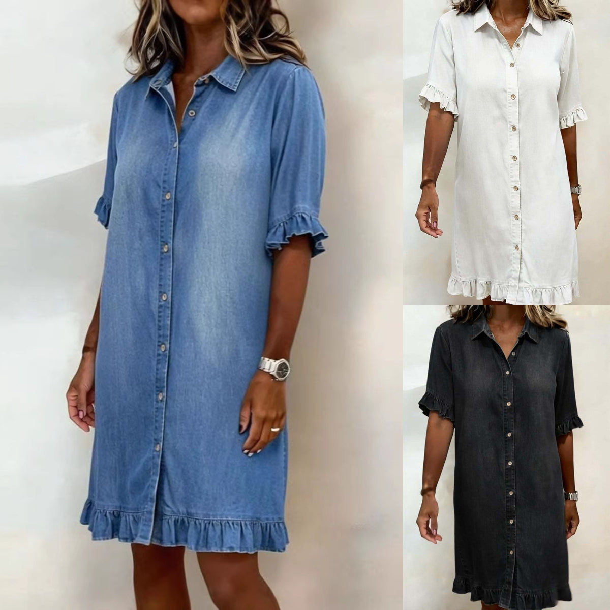 👔50% zniżki🔥【40-120 kg】Dżinsowa sukienka koszulowa o luźnym kroju z falbankami ✅Płatność przy odbiorze