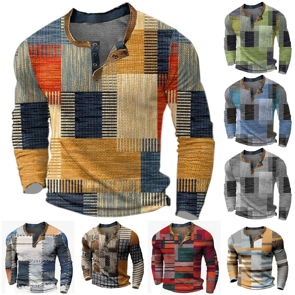 🌴🌈【S-4XL】👔😍 Nová kolekce pánských košil s potiskem, dlouhé rukávy, ležérní styl Henley, dostupné ve více barvách
