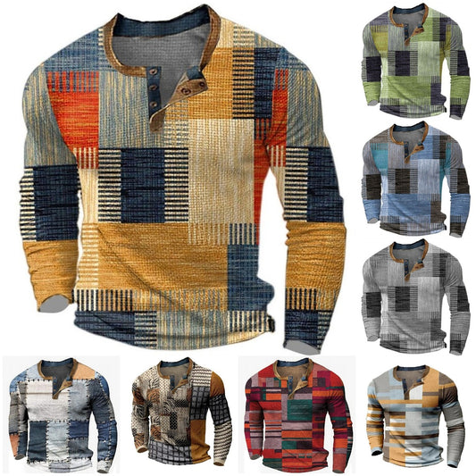 🌴🌈【S-4XL】👔😍 Nová kolekce pánských košil s potiskem, dlouhé rukávy, ležérní styl Henley, dostupné ve více barvách