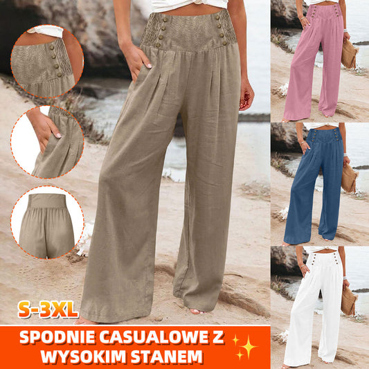 🥇【S-3XL】Nowe damskie spodnie z bawełny i lnu z wysokim stanem i szerokimi nogawkami, luźny krój