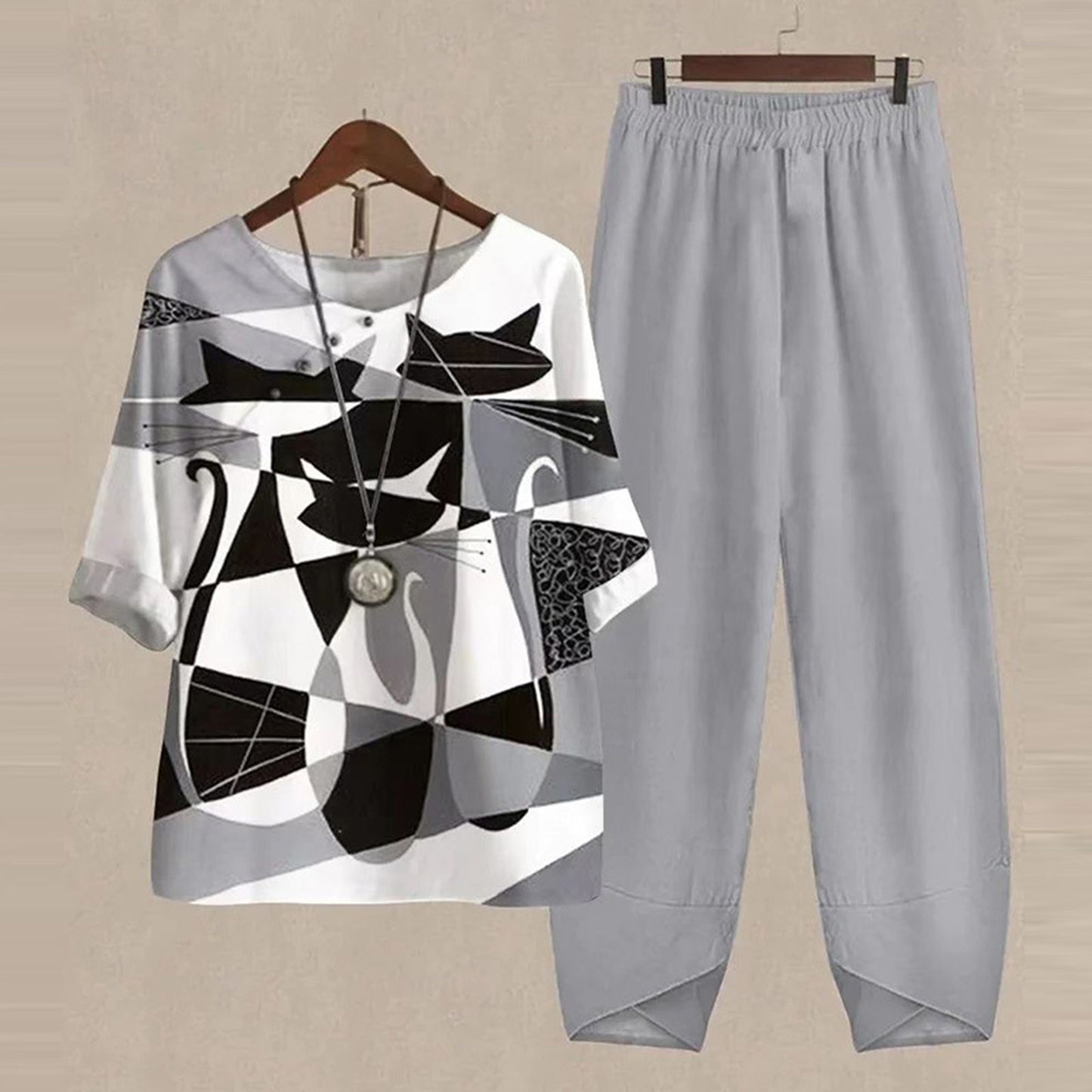 Nowości - 50% zniżki [M-5XL] Lekki i przewiewny komplet damski - koszula z nadrukiem + spodnie