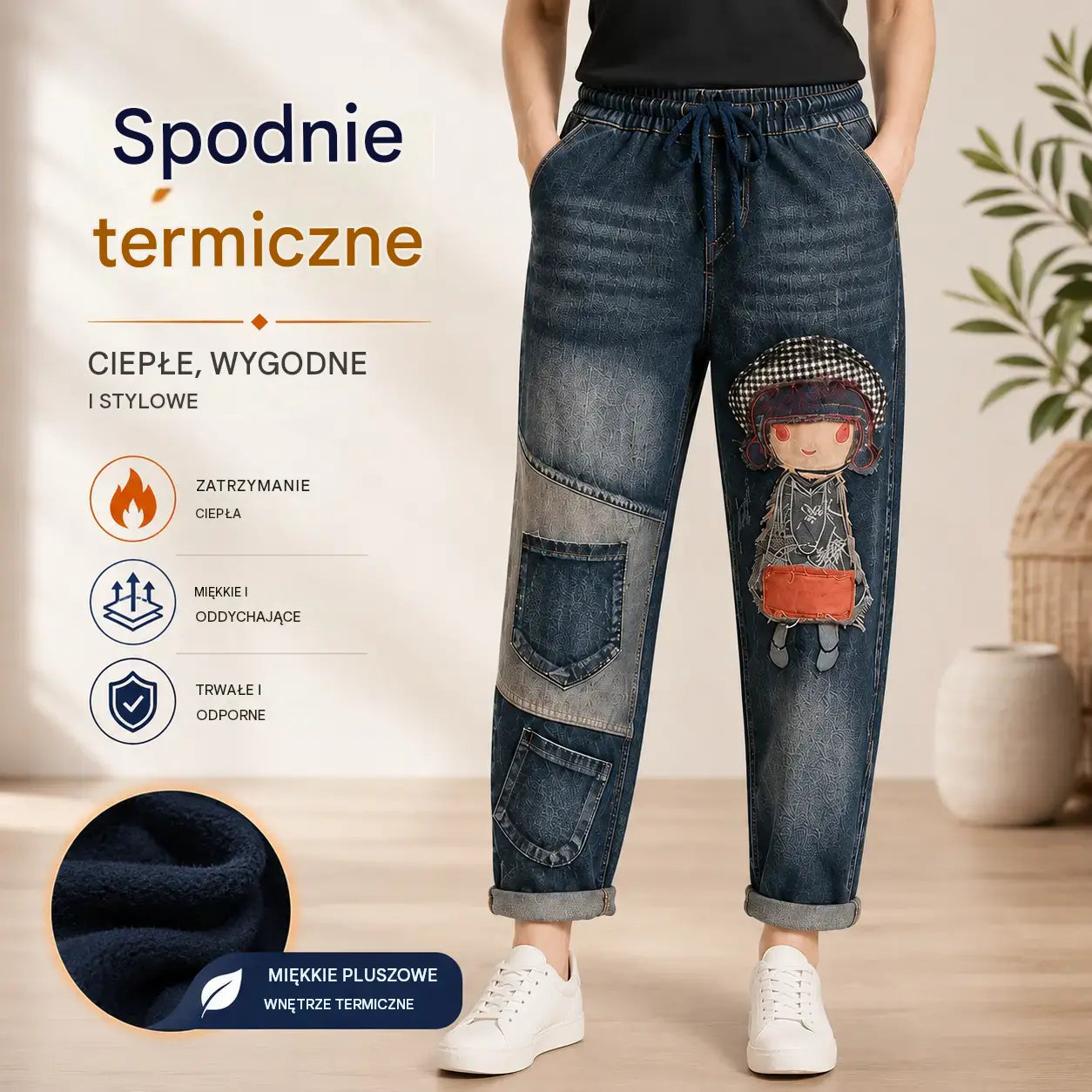Damskie jeansy retro o luźnym kroju z aplikacją i elastycznym pasem – jeansy haremowe w niepowtarzalnym stylu (rozmiary S-5XL, 2 kolory) 👖✨🍂