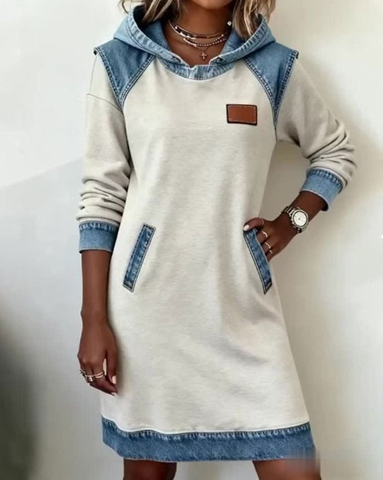 🔥🌷🌞Nowość na zimę Modna dżinsowa sukienka patchworkowa z kapturem