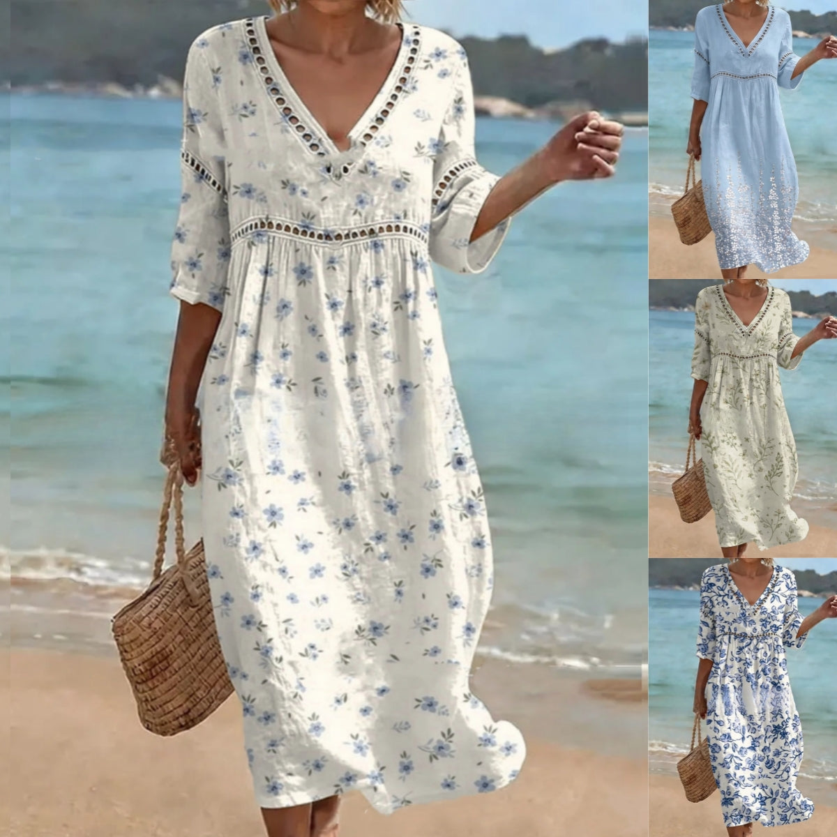 👗【S-3XL】Długa sukienka damska z bawełny i lnu z nadrukiem – letni styl, dekolt w serek