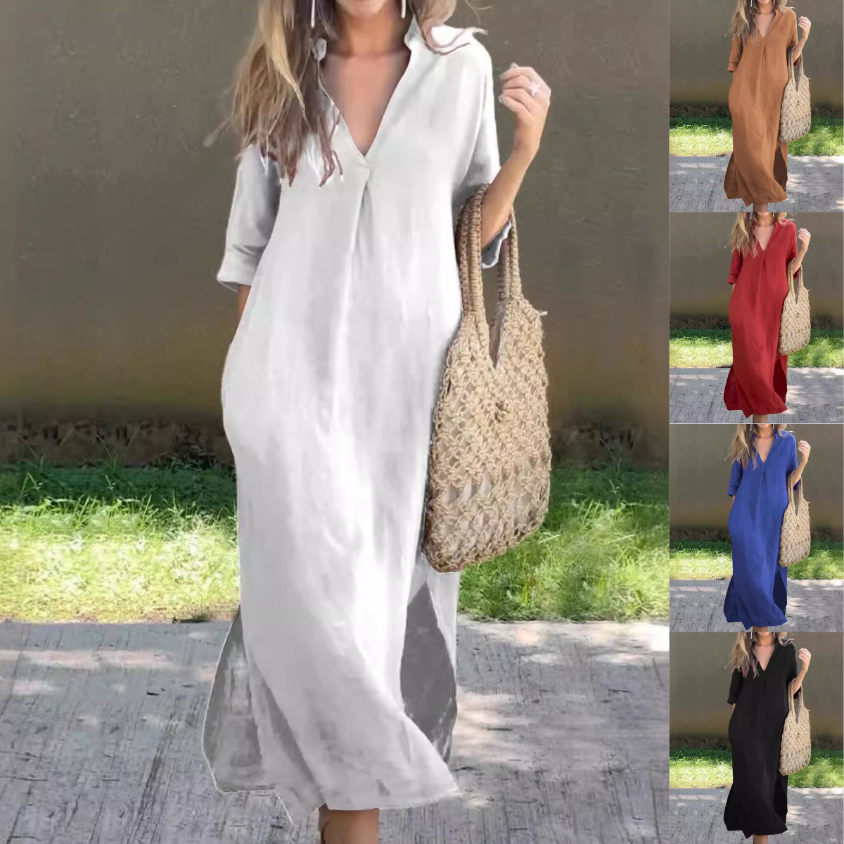 ✨👗[S–3XL] Hosszú, V-nyakú, hasítékos vászonruha, kényelmes és könnyű nyári viselet.