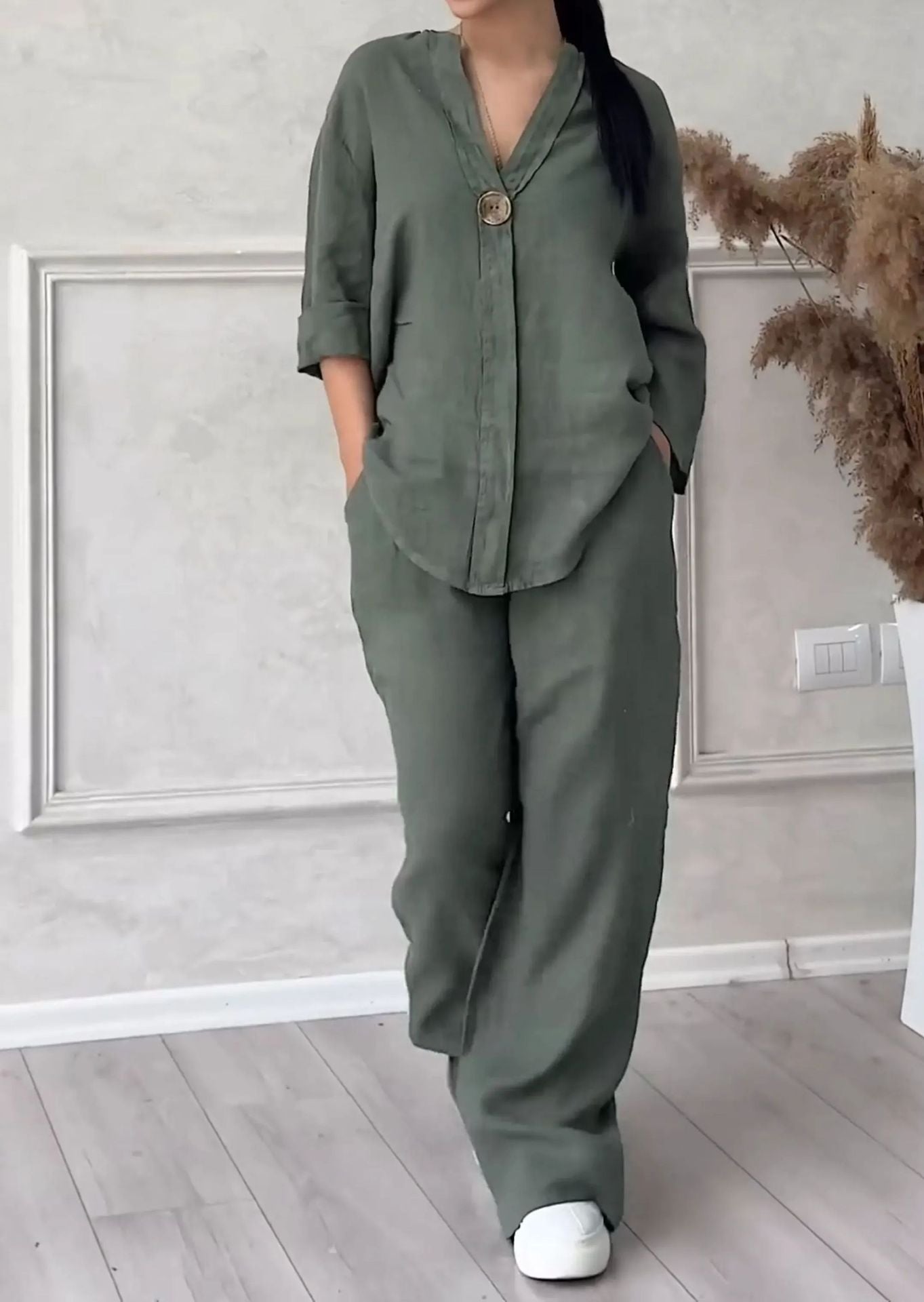🔥【S-5XL】【Wyprzedaż 50%】🔥Swobodny i szykowny letni zestaw: naturalny materiał i nowoczesny dekolt w serek
