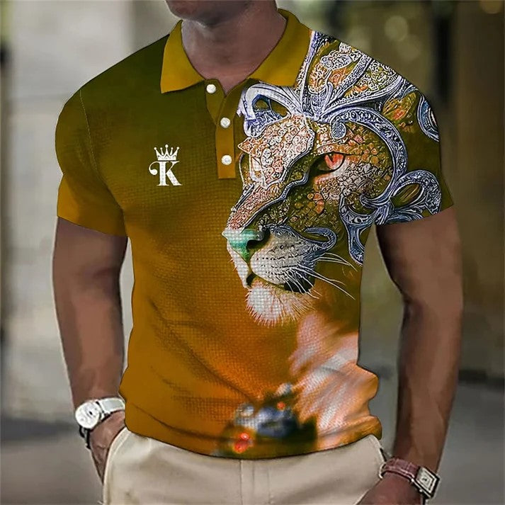 【S-6XL】Męska koszulka polo z nadrukiem 3D z lwem